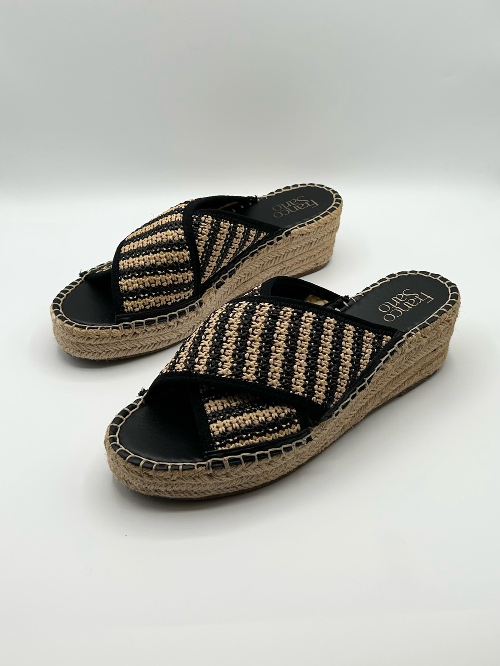 Franco Sarto Black Tan Espadrille Platform Sandals Slides Women’s Size 9